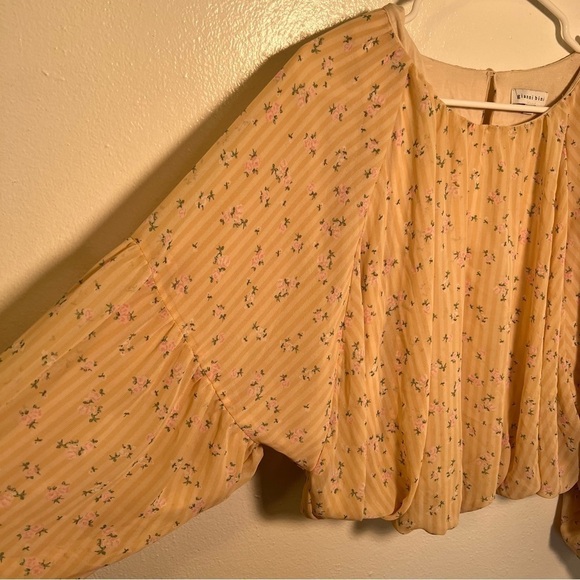Gianni Bini Puff Sleeve Blouse Tan Pink Floral - Picture 6 of 11